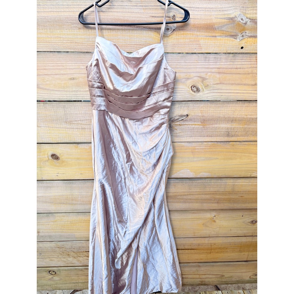 Champagne Satin Cowl Neck Formal Gown Ruched Corset Back Maxi Dress Size 8 - Picture 2 of 7